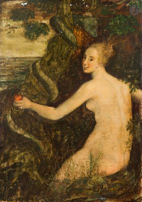 un tableau représentant une femme nue assise dans un arbre avec une pomme