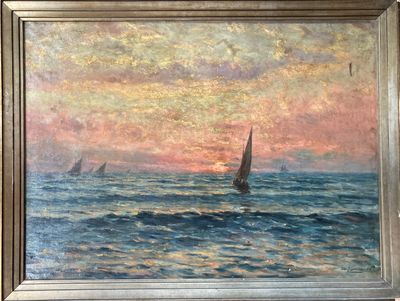 a painting of sailboats in the ocean at sunset