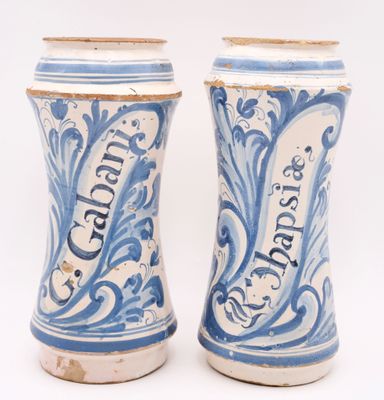 pair of blue and white salt and pepper shakers on a white background