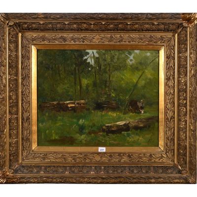 un tableau représentant des vaches paissant dans un champ, avec des arbres en arrière-plan