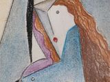 painting of a woman with a guitar in front of a mirror