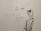 an old drawing of a woman with a flower in her hair