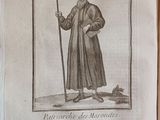 an old book with a drawing of a man holding a cane