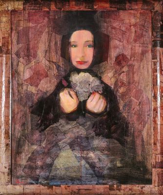 painting of a woman holding a cat in her hands