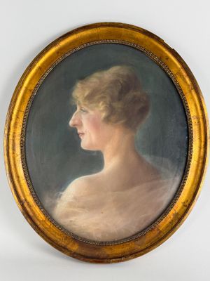 portrait of a woman in a white dress in a gold frame