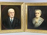 two paintings of an older man and a younger woman in a gold frame