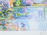 painting of a boat on a river with trees and bushes in the background