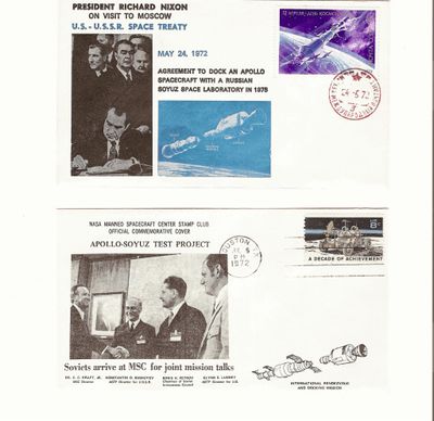 une image représentant une carte postale sur laquelle figurent une station spatiale et un homme en costume-cravate