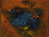 an oil painting of a blue bird sitting on top of a table