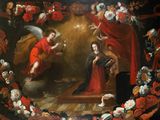an image of a painting of an angel and a woman surrounded by flowers