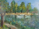 a painting of boats on the water by the shore