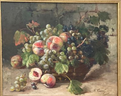 une peinture représentant une corbeille de fruits sur une table