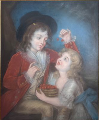painting of a boy and a girl eating strawberries in front of a blue background