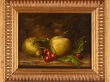 an oil painting of two apples and cherries on a table