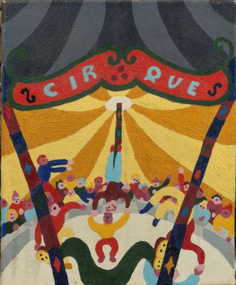 tableau représentant une scène de cirque avec des clowns et un chapiteau