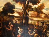 a painting of a group of people in a wooded area