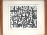 a black and white drawing of abstract shapes in a wooden frame