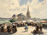 painting of a crowd of people at a market with a church in the background