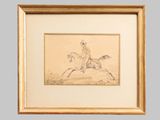 a drawing of a man riding a horse in a gold frame