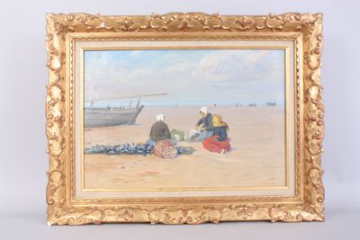 an oil painting of two women sitting on a beach with a boat in the background