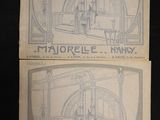 an old postcard of a drawing of a room with a man in a chair and a woman in a chair