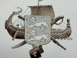 a drawing of a ship with a dragon on it