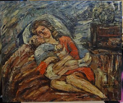 une peinture représentant une femme tenant un bébé dans ses bras