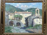 une peinture à l'huile représentant un village avec une église à l'arrière-plan