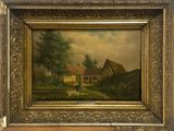 une peinture à l'huile représentant une scène de campagne avec une maison et un cheval