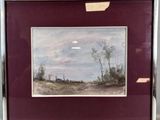 framed painting of a landscape with trees in the distance