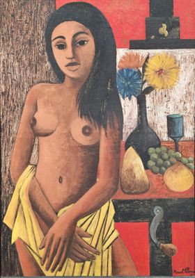 une image représentant un tableau d'une femme avec une serviette sur les genoux