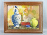 a painting of a vase and an apple on a table