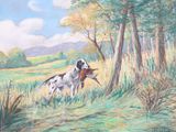 a painting of a dog with a pheasant in its mouth