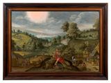 a painting of a landscape with a man on a horse and other figures