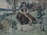 un tableau représentant une femme assise sur un rocher dans les bois