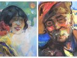 two paintings of a man and a woman in different poses