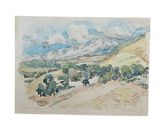 a watercolor painting of a mountain landscape with trees