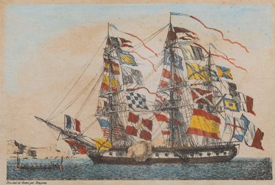 une image représentant un tableau d'un grand voilier orné de drapeaux
