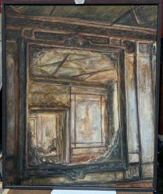 a picture of a painting of a room with a window