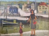 un tableau représentant une femme et un enfant sur la plage