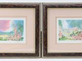 pair of two framed watercolor paintings of a garden and trees