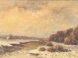 tableau représentant un paysage enneigé avec une rivière et des arbres en arrière-plan