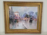 a painting of a city street with people walking in the rain