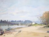 a painting of a beach with boats on the shore