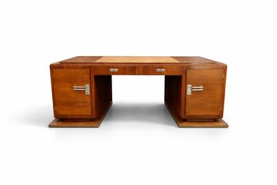 a wooden desk with two drawers and a drawer underneath it