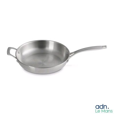 stainless steel frying pan with lid and handle on a white background