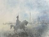 a painting of a man riding a horse in the water
