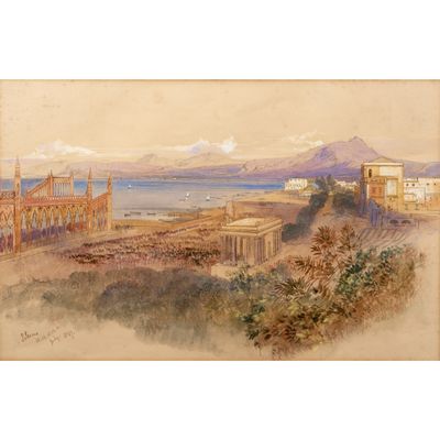 une image représentant un tableau illustrant une vue d'une ville et d'un plan d'eau