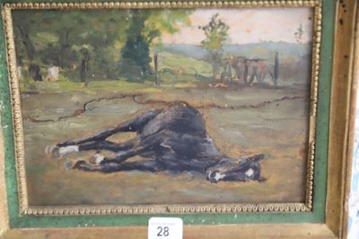 une photo d'un tableau représentant un cheval couché par terre