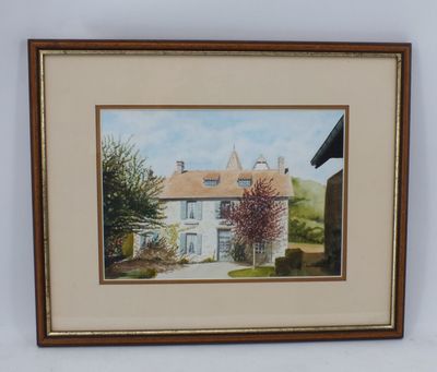 tableau représentant une maison dans un cadre champêtre, avec des arbres et des buissons